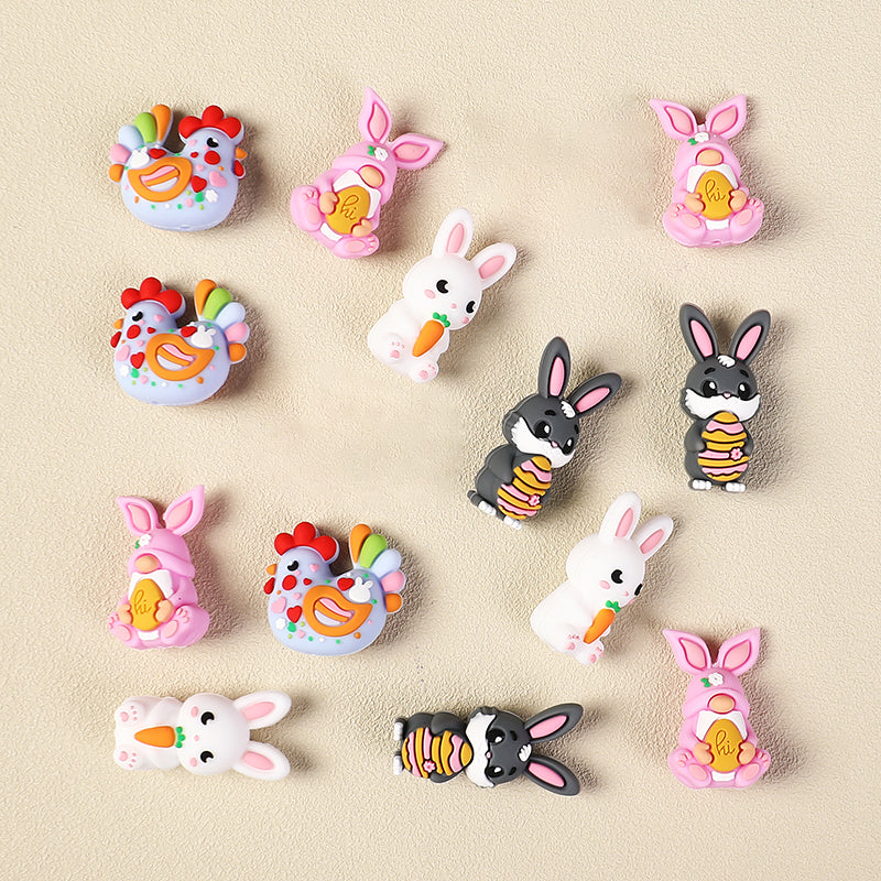 20Pcs Silicone 3D Focal Beads Easter Bunny Chick Holding Easter Egg 6