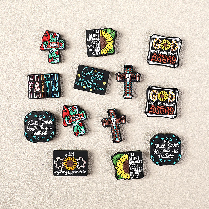 Silicone Focal Beads Jesus Faith Cross With Religious Text Designs 12