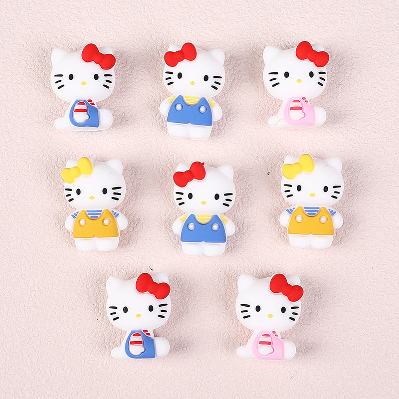 20Pcs Silicone 3D Focal Beads White Cat No Mouth Red Bow Wearing Clothes