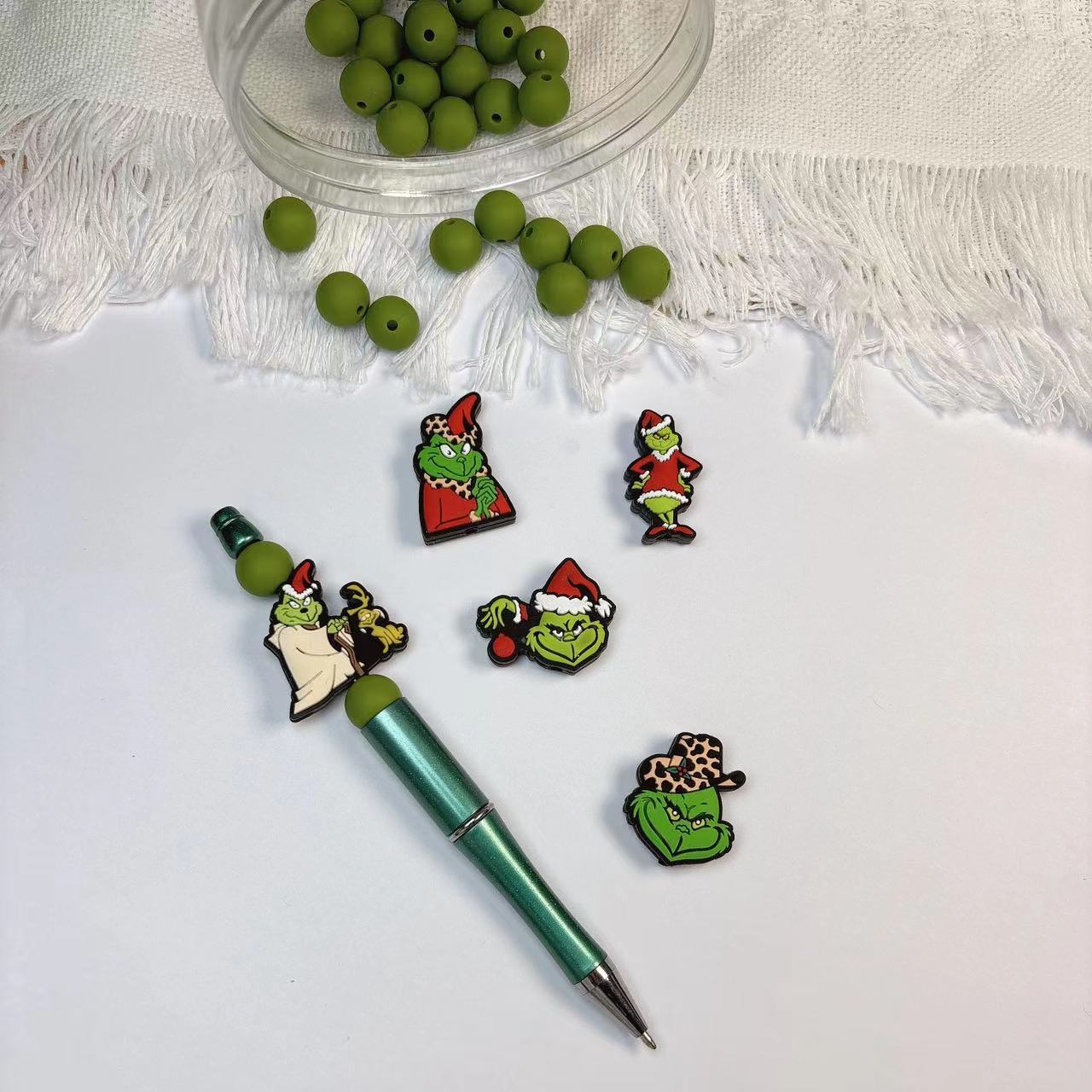 20pcs Silicone Focal Beads Green Furry Character Scowling Face Variety 3