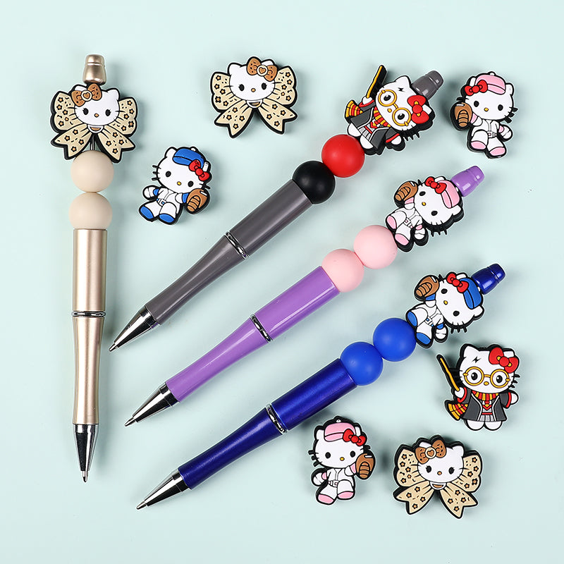 20Pcs Silicone Focal Beads White Cat No Mouth Red Bow with Accessories 7