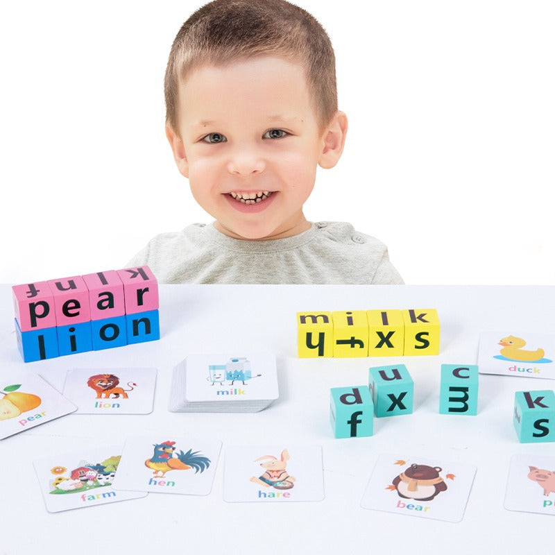 Wooden Montessori Toys English Card Spelling Cube for Kids 4
