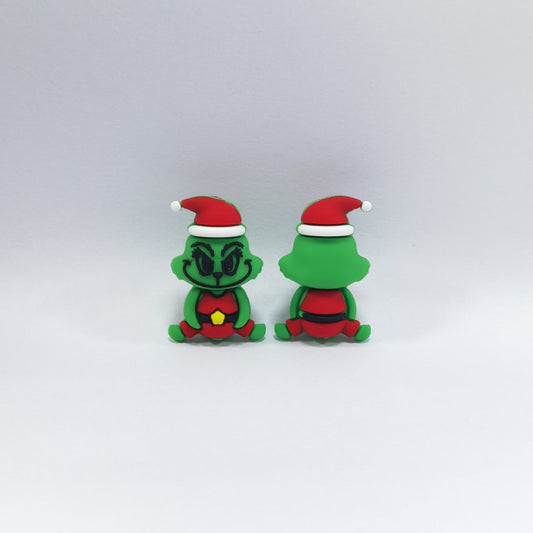 20Pcs Silicone 3D Focal Beads Green Furry Character Scowling Face Wearing Santa Hat