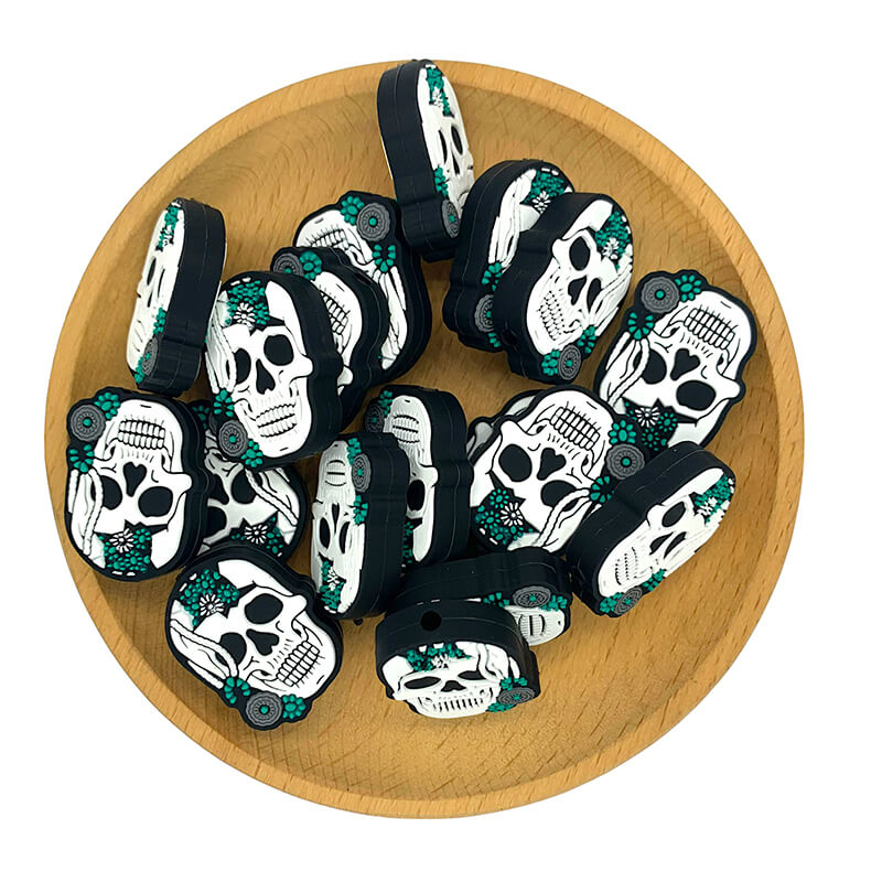 Silicone Focal Beads Western Turquoise Skeleton Skull with Flower Detail 2