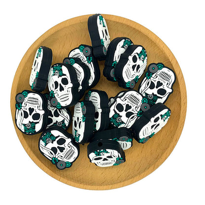 Silicone Focal Beads Western Turquoise Skeleton Skull with Flower Detail 2