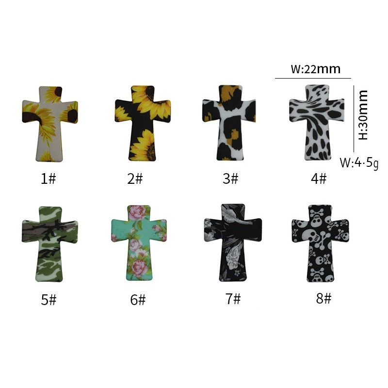 20pcs Silicone Focal Beads Printed Cross With Varied Color Patterns