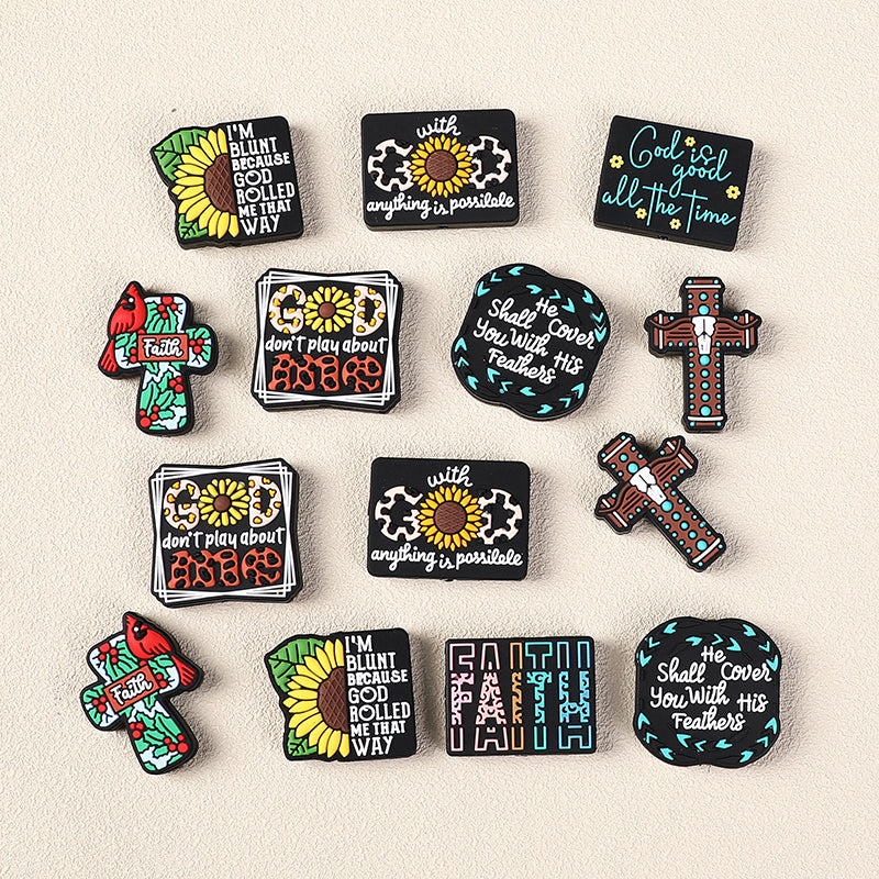 Silicone Focal Beads Jesus Faith Cross With Religious Text Designs 7