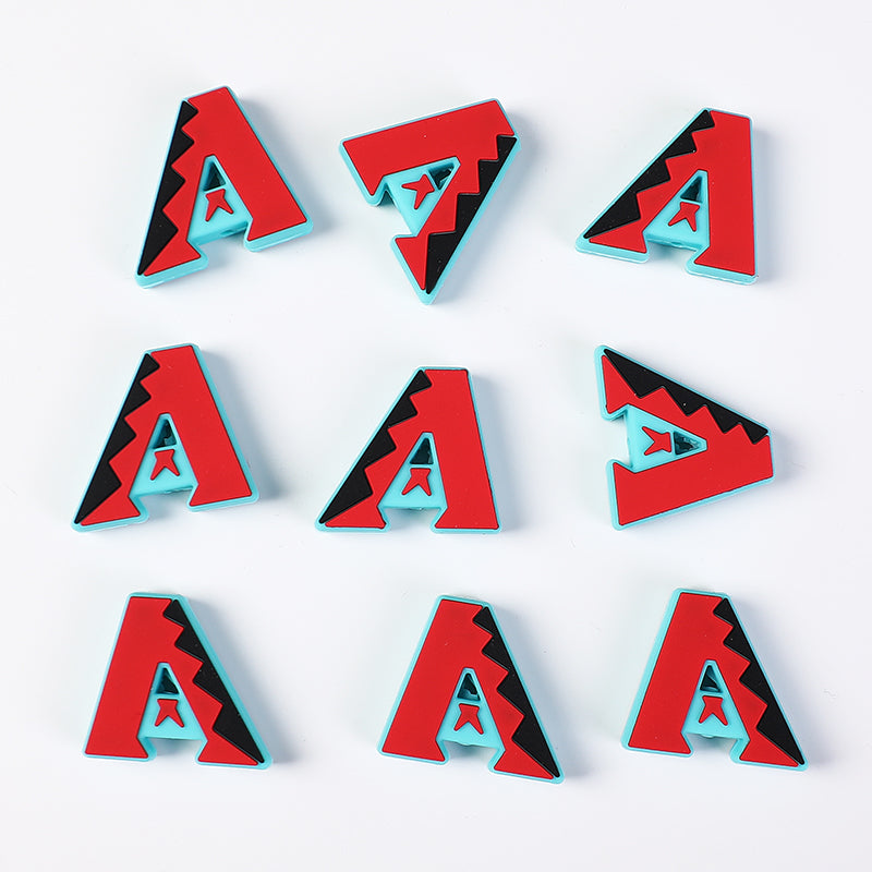 20Pcs Silicone Focal Beads Sports Team Letter A Red Black Design