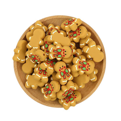 20Pcs Silicone Focal Beads Christmas Gingerbread Man With Bowknot 3