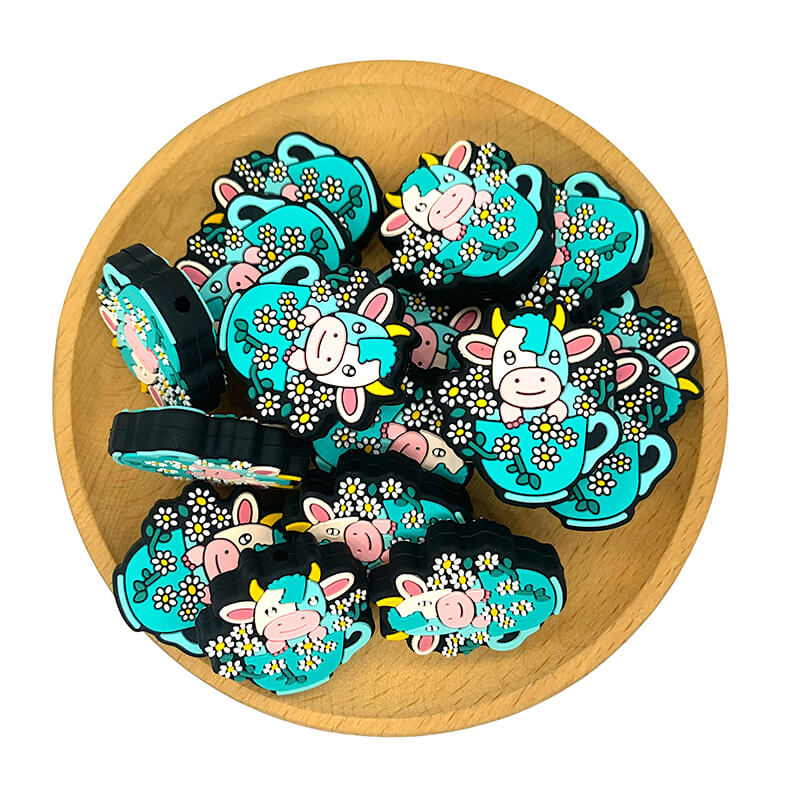 Silicone Focal Beads Cow Cattle Daisy Flowers in Teacup 2