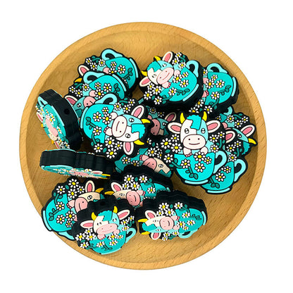 Silicone Focal Beads Cow Cattle Daisy Flowers in Teacup 2
