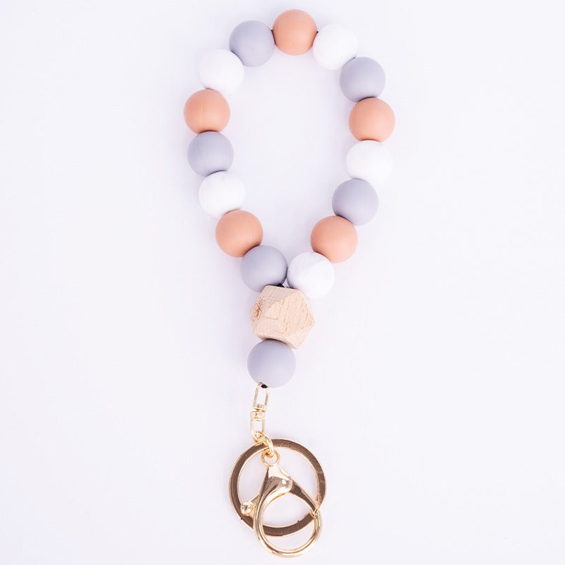 Silicone Bead Bracelet Keychain with Wooden Bead Accent 9