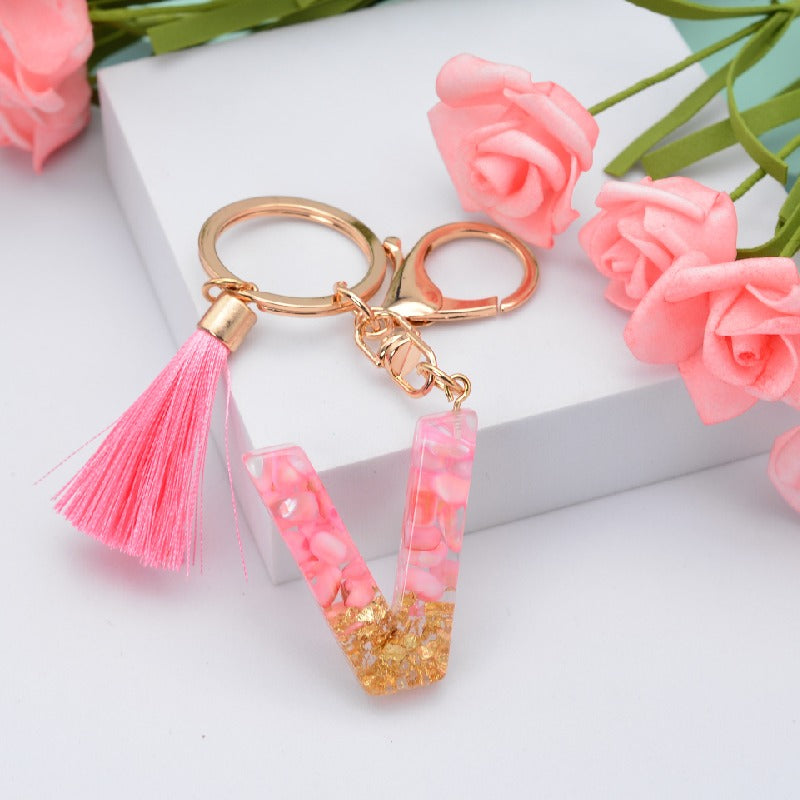 Resin Pink Tassel Letter Keychain A to Z Initial Charm 22
