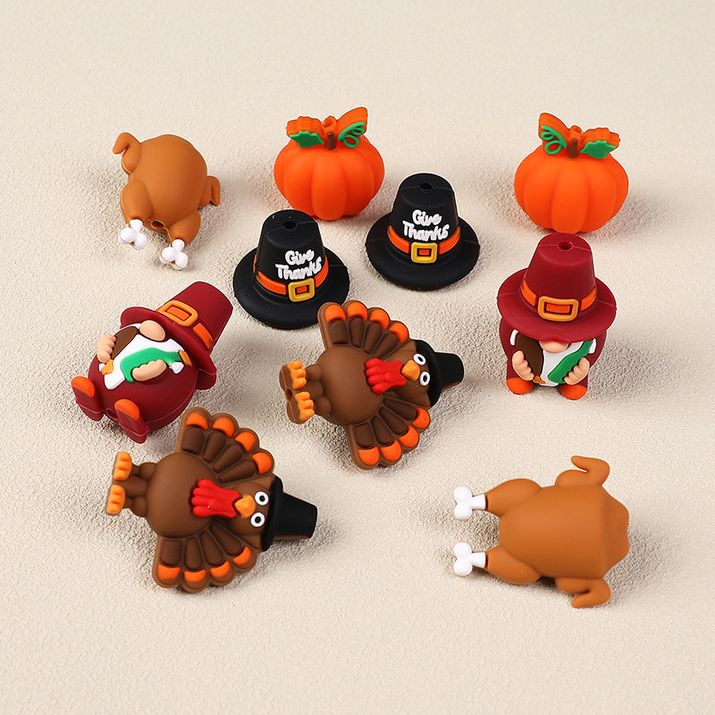 20Pcs Silicone 3D Focal Beads Thanksgiving Theme Turkey Pumpkin Hat Designs 4