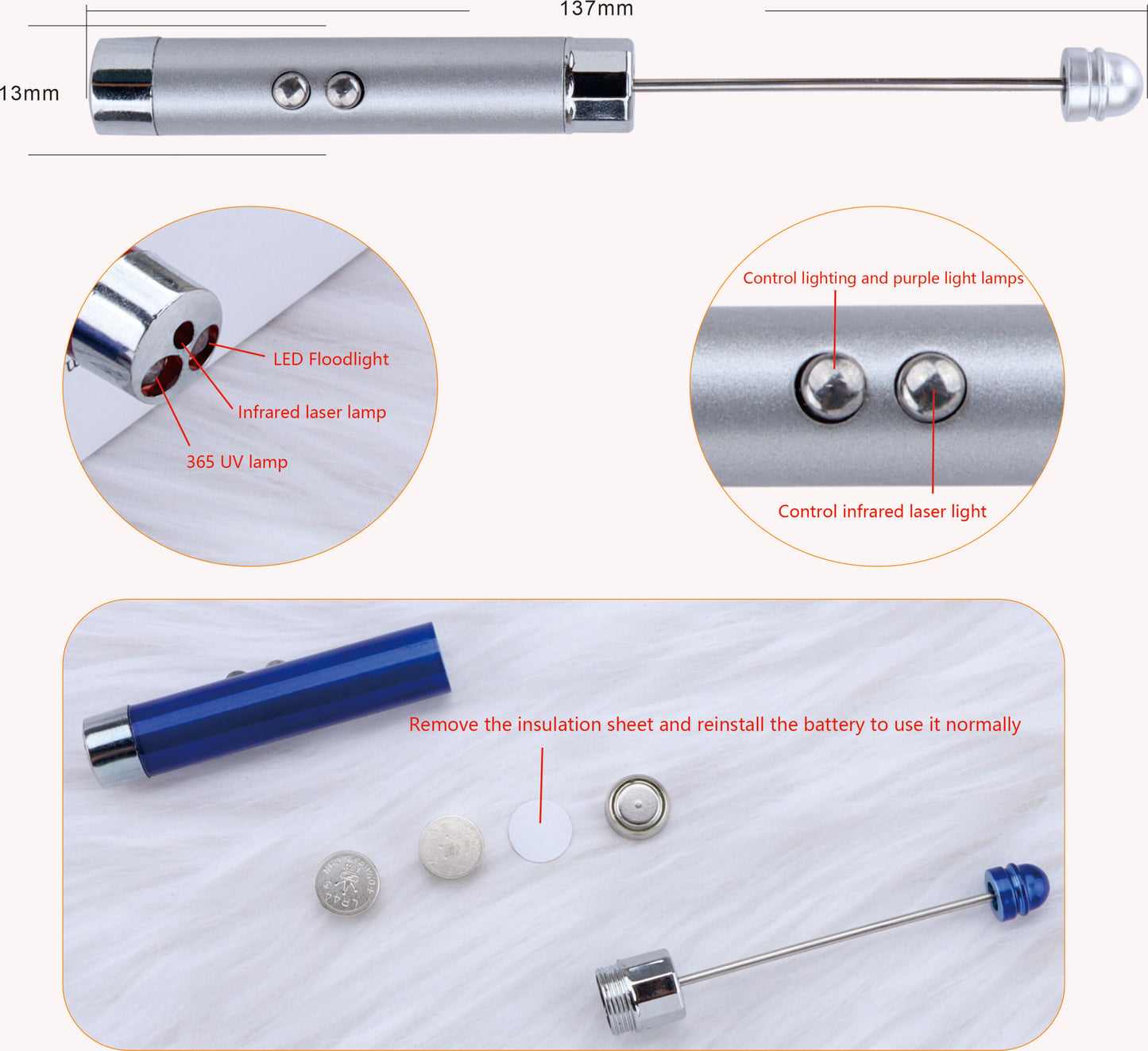 Beadable Flashlight Aluminum Alloy LED Infrared Banknote Verification DIY 2