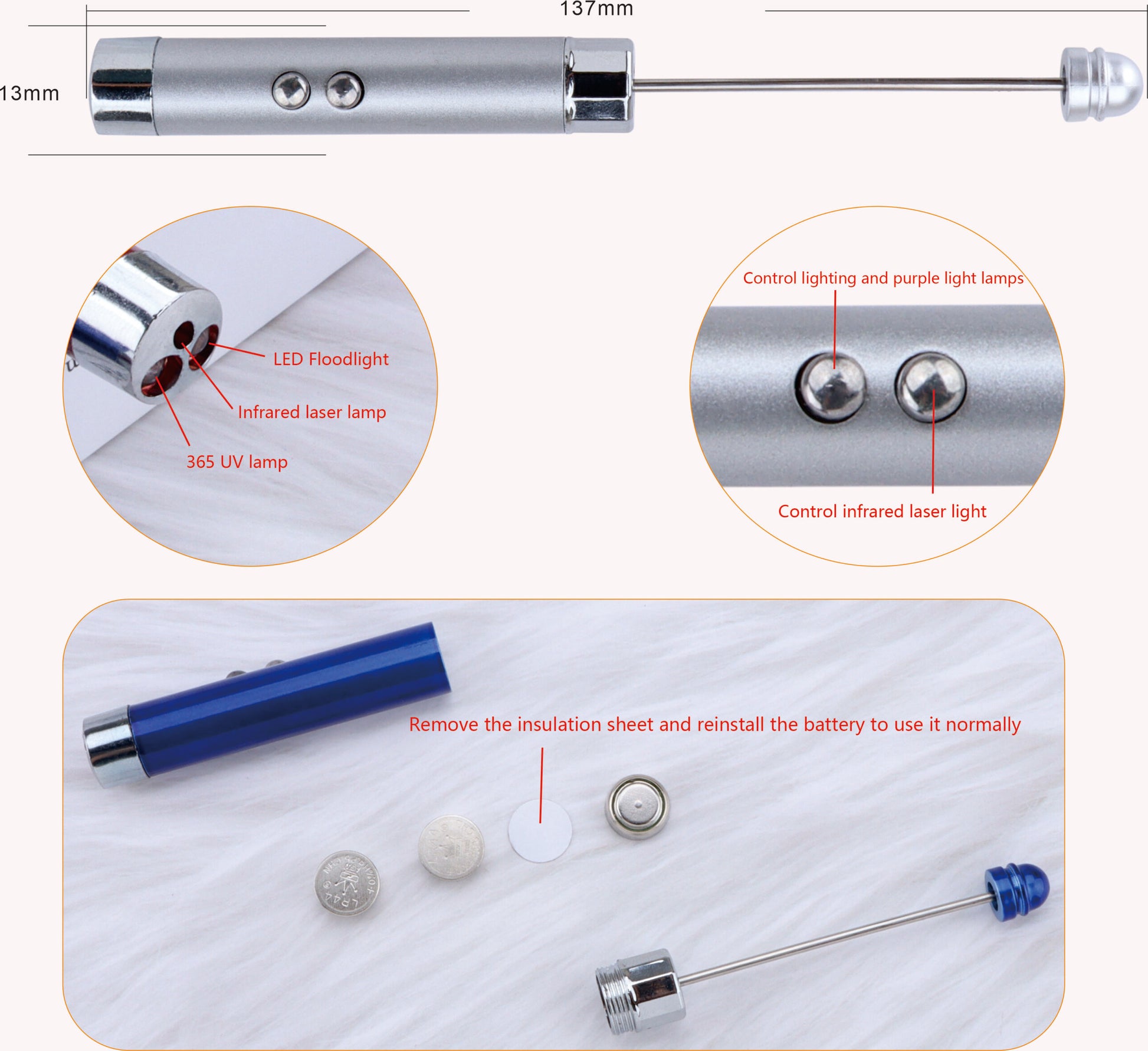 Beadable Flashlight Aluminum Alloy LED Infrared Banknote Verification DIY 2