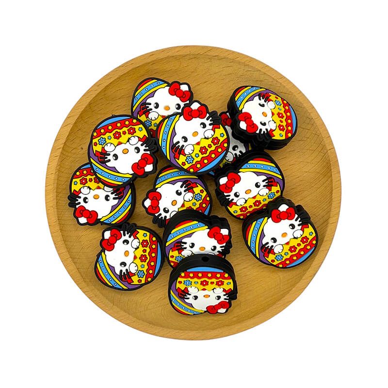 Silicone Focal Beads Easter Eggshell White Cat Peeking Design 2