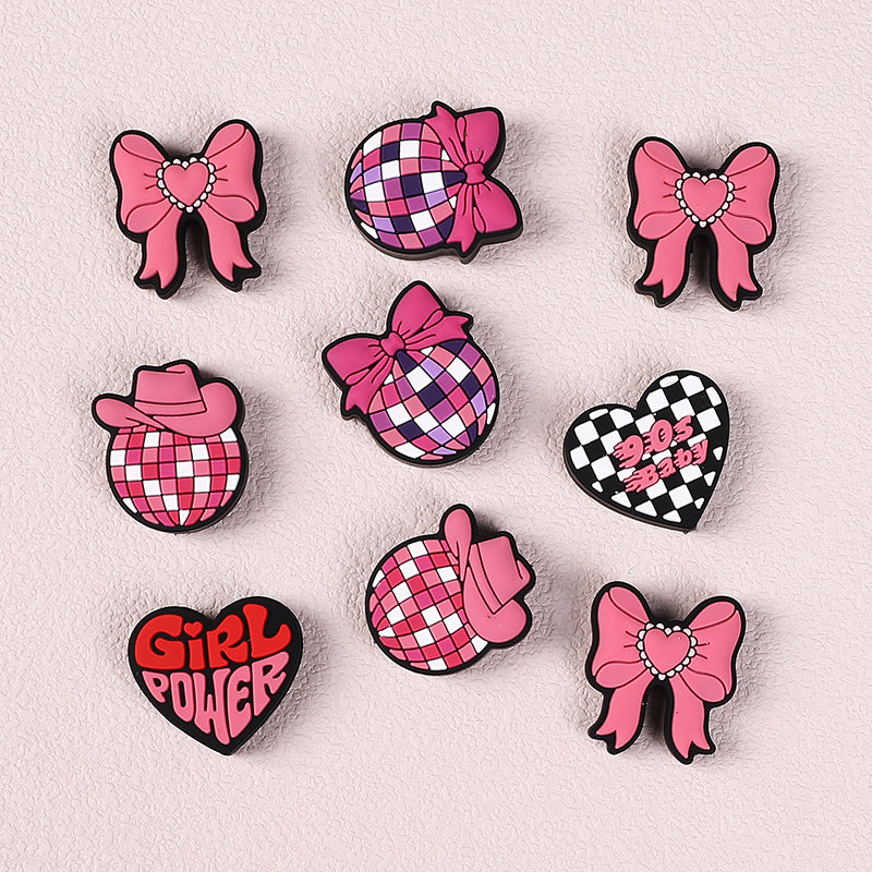 20pcs Silicone Focal Beads Pink Theme Heart Bow Checkered Designs 4