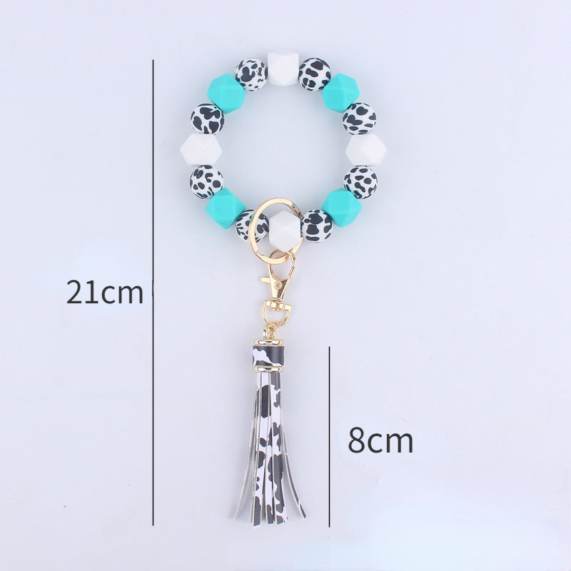 Leopard Print Silicone Bead Wristlet Keychain Tassel Charm 5