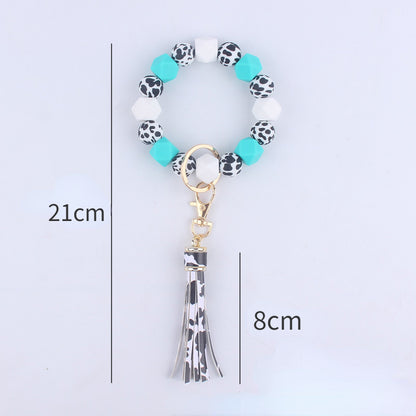 Leopard Print Silicone Bead Wristlet Keychain Tassel Charm 5