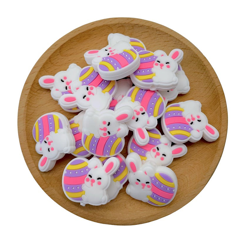 20pcs Silicone Focal Beads Easter Rabbit Holding Decorated Egg 2