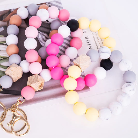 Silicone Bead Bracelet Keychain with Wooden Bead Accent