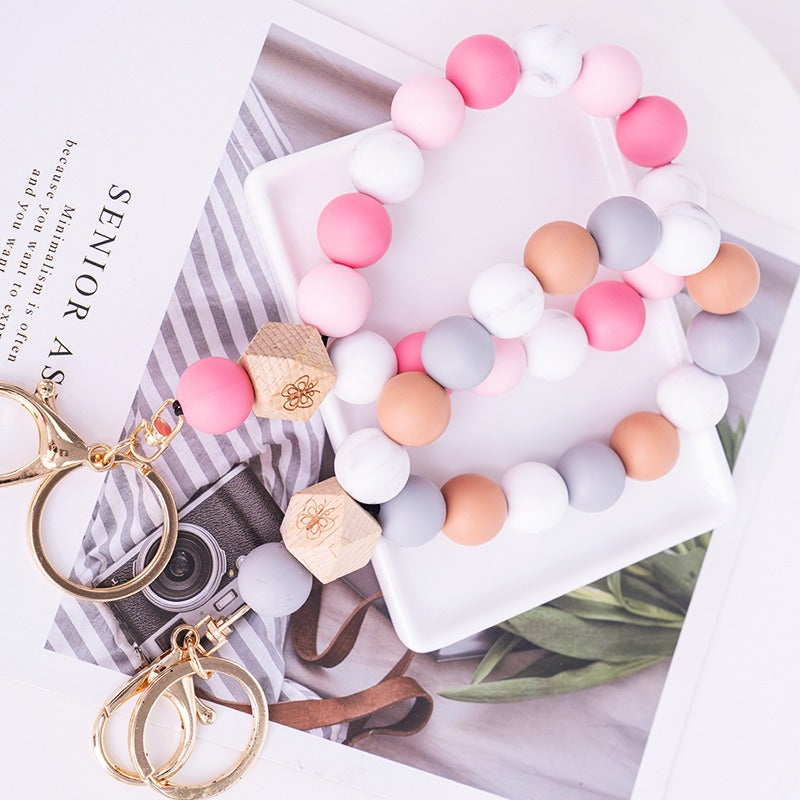 Silicone Bead Bracelet Keychain with Wooden Bead Accent 2