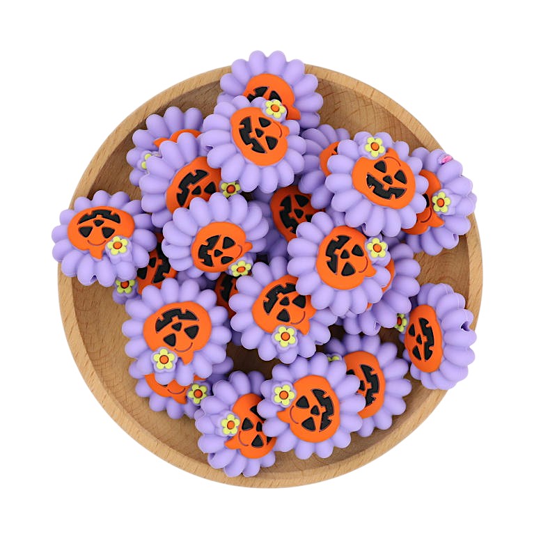 20Pcs Silicone 3D Focal Beads Halloween Purple Pumpkin Flower 3