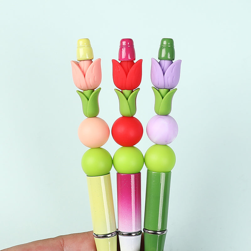 20Pcs Silicone 3D Focal Beads Tulip Flower with Green Leaves 8