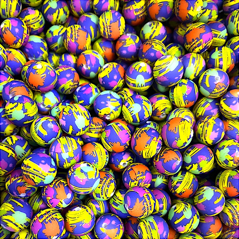 50pcs 15mm Printed Splatter Paint Silicone Beads Multicolor Design 4