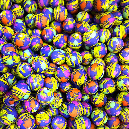 50pcs 15mm Printed Splatter Paint Silicone Beads Multicolor Design 4