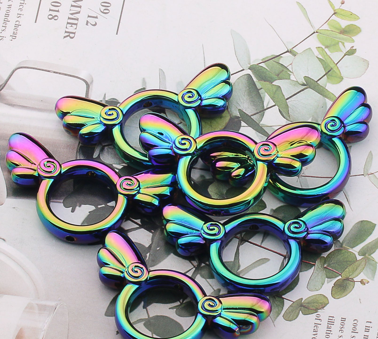 2Pcs 25x46mm Sakura Angel Wings Acrylic Beads UV Finish Color Plated 13
