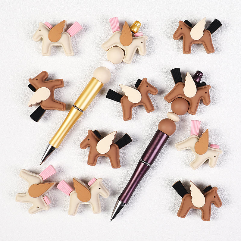 20Pcs Silicone 3D Focal Beads Flying Horse Brown Yellow Wings Tail 8