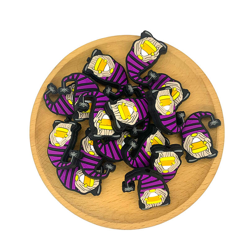 Silicone Focal Beads Halloween Gnome Holding Candy Corn Hat with Spider 2