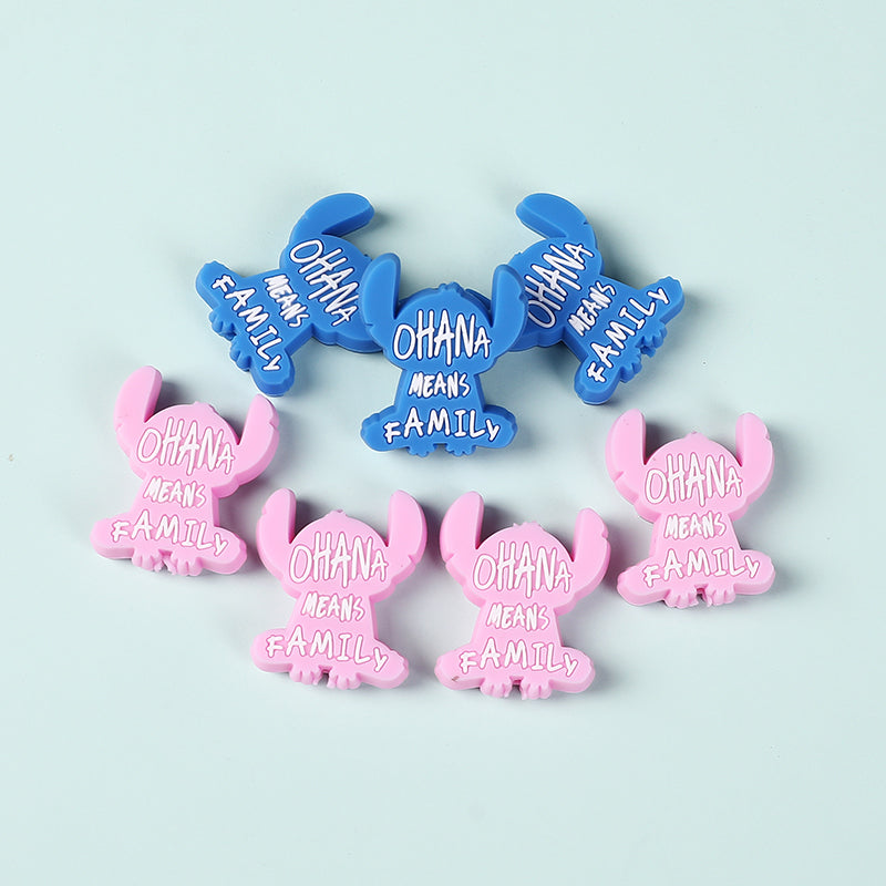 Silicone Focal Beads Blue Alien Character Large Ears Pink Blue Letters Stitch