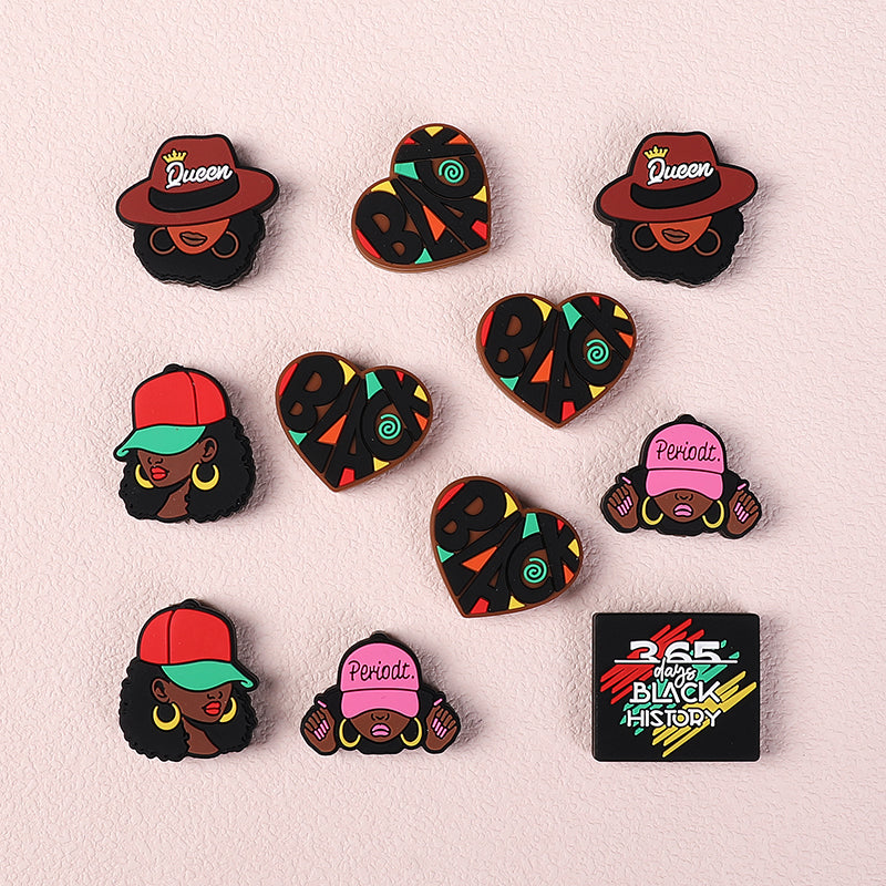 20pcs Silicone Focal Beads Black Girl Wearing Hat and Afro Hairstyle 4