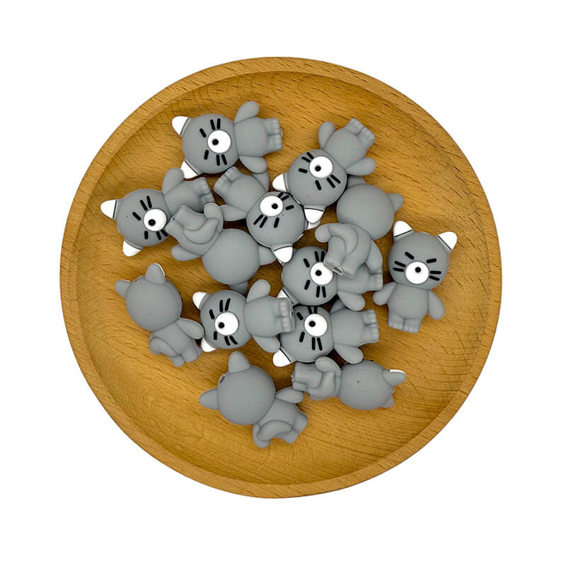 20Pcs Silicone 3D Focal Beads Grey Cat Front Facing 2