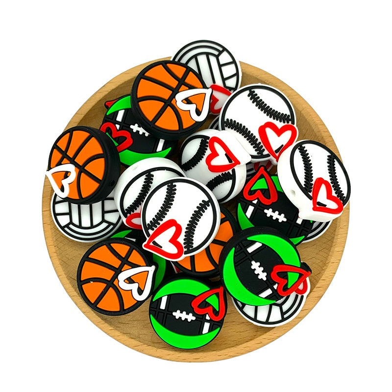 20pcs Silicone Focal Beads Sports Balls with Heart Detail 2