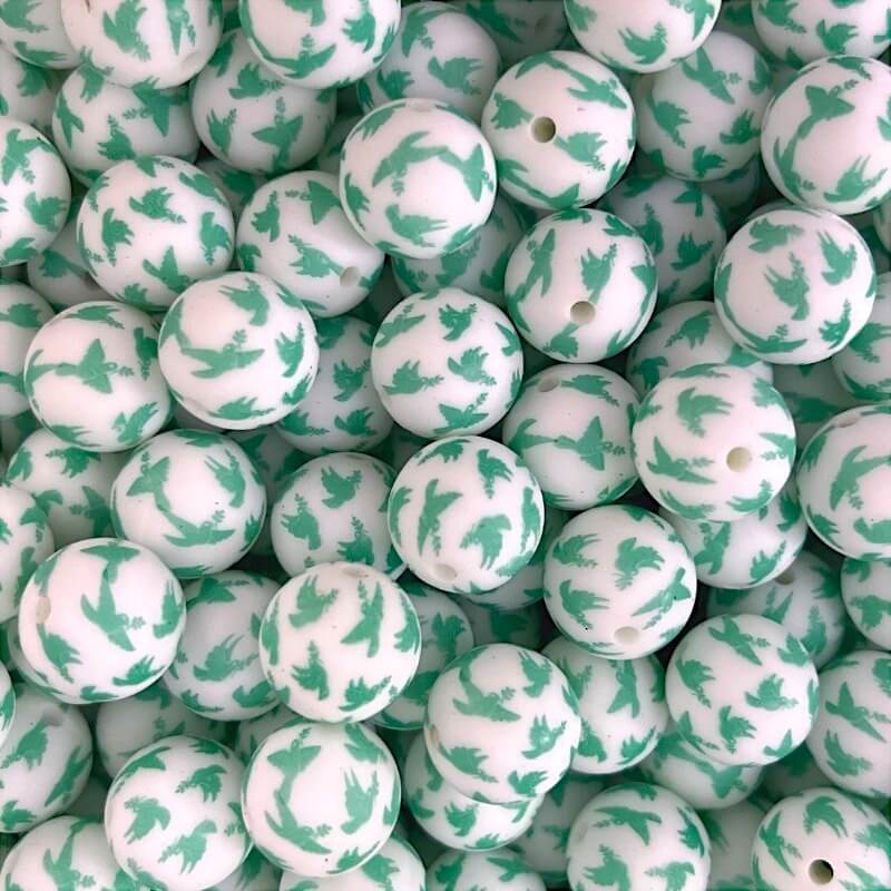 50pcs 15mm Blue Green Bird Print Silicone Beads