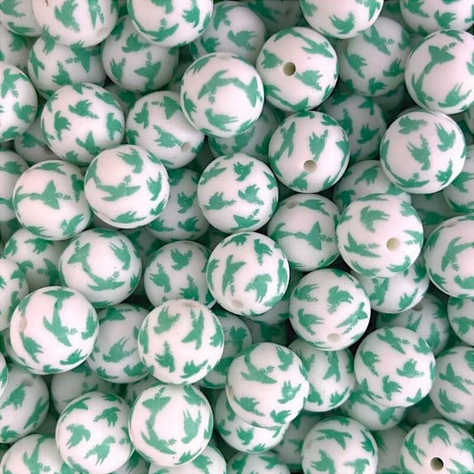 50pcs 15mm Blue Green Bird Print Silicone Beads