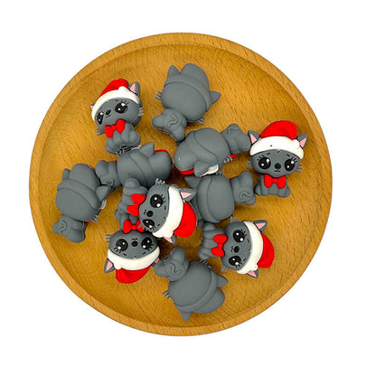 20Pcs Silicone 3D Focal Beads Grey Cat Wearing Red Bow 2