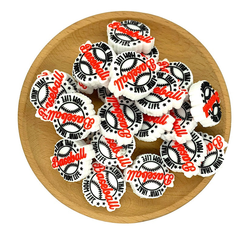 20pcs Silicone Focal Beads Baseball Mom Life Livin Text Design 2