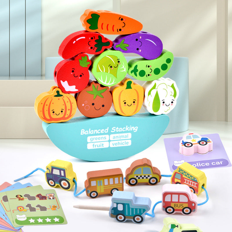 Wooden Building Blocks Animal Vegetable Fruit Balance Stacking Toy 2