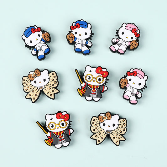 20Pcs Silicone Focal Beads White Cat No Mouth Red Bow with Accessories