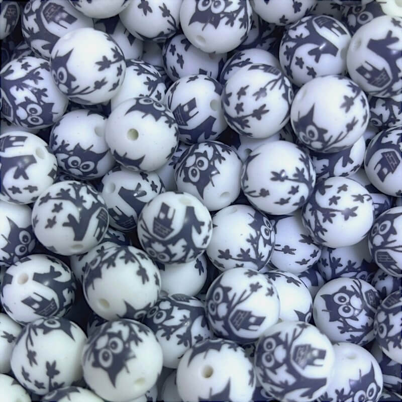 50pcs 15mm Black Owl Print Silicone Beads Printed Design