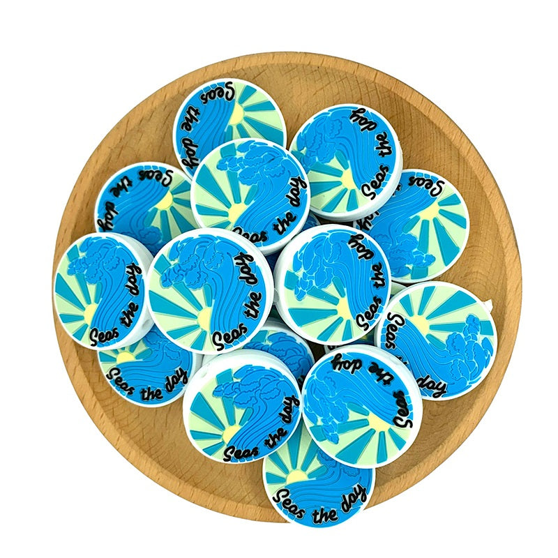 20pcs Silicone Focal Beads Sea Wave Sunrise with Seas the Day Text 2