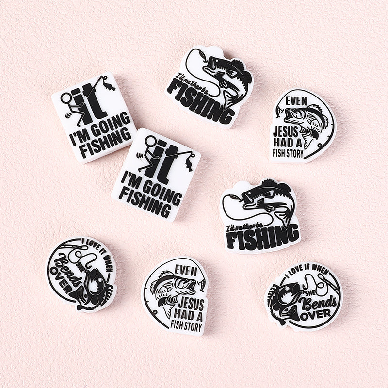 20Pcs Silicone Focal Beads Fishing Theme Printed Text Designs 5