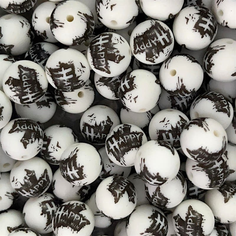 50pcs 15mm Halloween Silicone Beads Happy Halloween Print