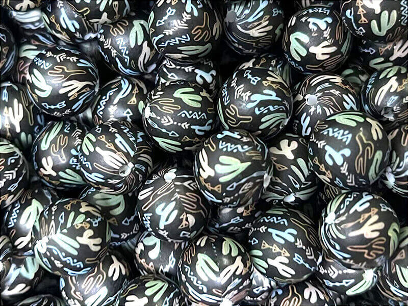 50pcs 15mm Black Background Green Cactus Silicone Beads Printed Design