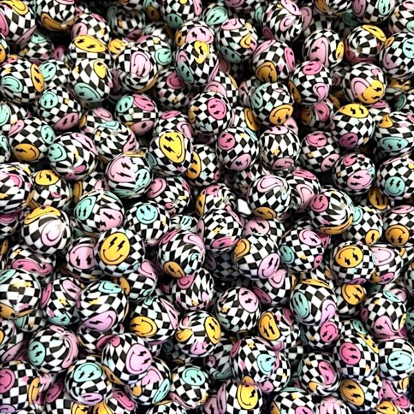 50pcs 15mm Grid Smiley Face Print Silicone Beads Colorful Design